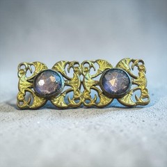 Vintage Art Nouveau Revival Brass Tone Brooch Purple Glass Cabochon Pin