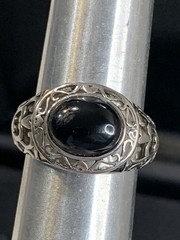 Sterling Silver Black Onyx Oval Signet Ring Filigree Frame Domed Sz9.5 5.7gr