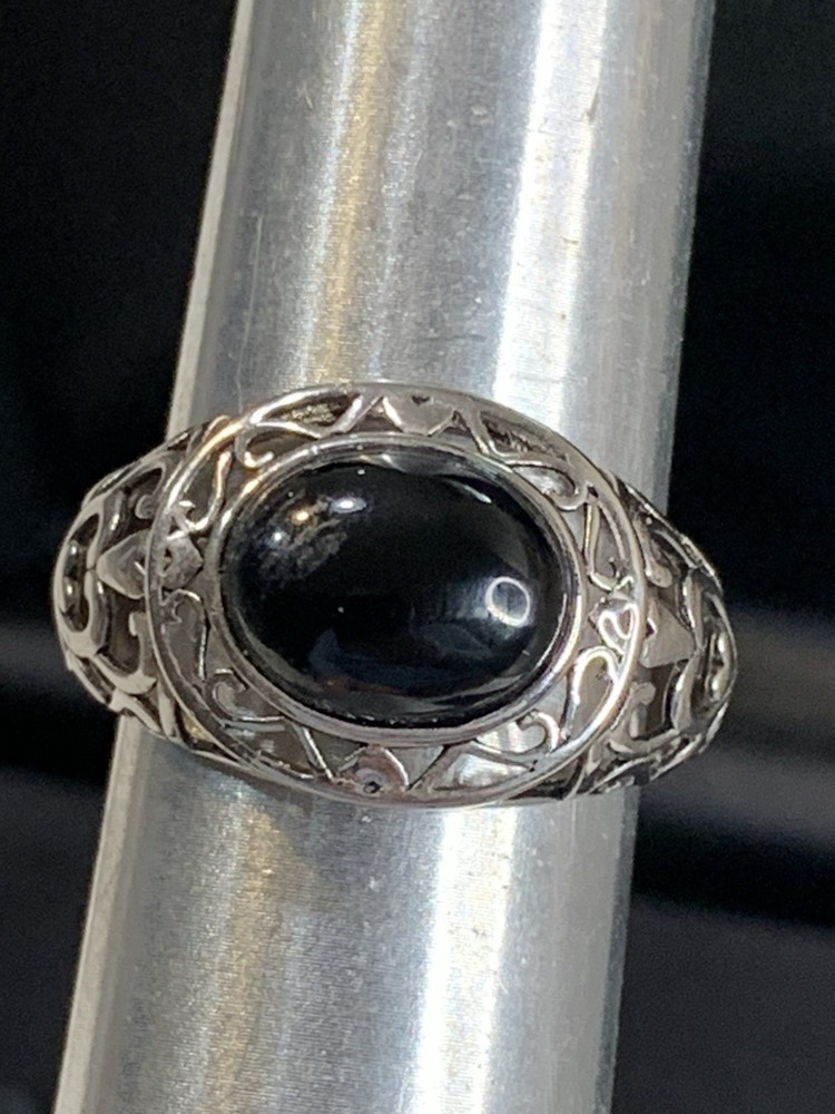 Sterling Silver Black Onyx Oval Signet Ring Filigree Frame Domed Sz9.5 5.7gr