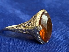 Vtg 14K White Gold Ring 3.51g Fine Jewelry Sz 7.5 Amber Color Oval Stone Prong