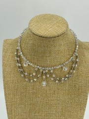 Vintage Crystal Choker Tension Necklace Silver Tone AB Faceted Glass Dangle