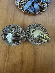 Vintage West Germany Baby Blue Art Glass Brooch Earrings Set Gold Tone Filigree
