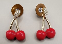 Vintage Liz Claiborne Red Cherry Dangle Earrings Enamel Gold Tone Rhinestone 90s