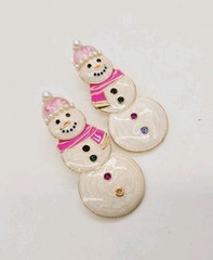 Christmas Earrings Snowman Pierced Dangle Enamel Multicolored Pink 2.25 in