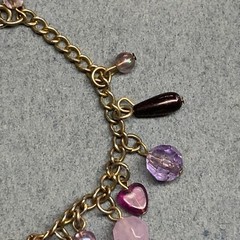 Vintage Charm Bracelet 7 In Purple Beads Heart Silver Chain Valentine Love Retro