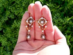 Natural Pearl, 0.66Ct Diamond and Enamel, 9k Yellow Gold Drop Earrings