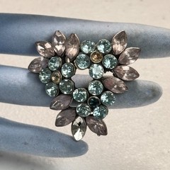 Vintage Brooch Ice Blue & Smoky Gray Rhinestone Leaf Heart Wreath Silver Tone