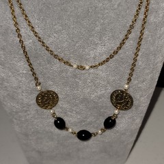Vintage c1980 Gold-Tone Coin & Black Beaded Faux Pearl Station Chain Necklace