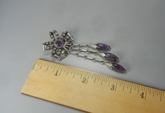 Mexico 3 1/4″ Brooch Sterling Silver Amethyst Long Dangles Vintage 1940s Taxco