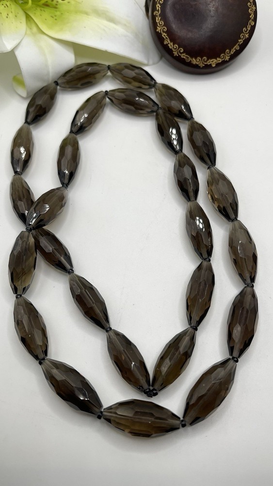 Vintage Art Deco Smoky Quartz Stone Faceted Long Bead Necklace 30”L