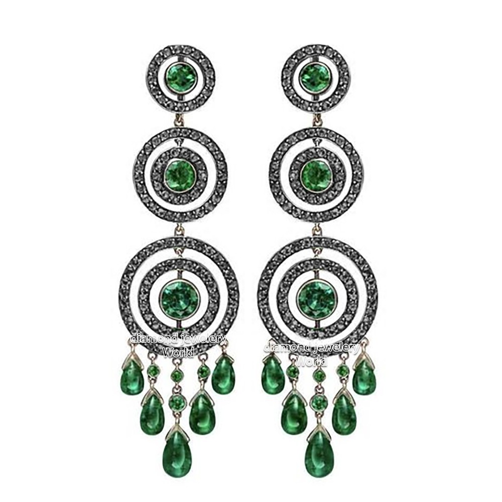 2.90ctw Rose Cut Diamond Emerald Studded Silver Vintage Stunning Earring Jewelry