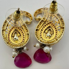 Indian Bridal gold kundan real ruby pearls cubic zirconia green glass earrings