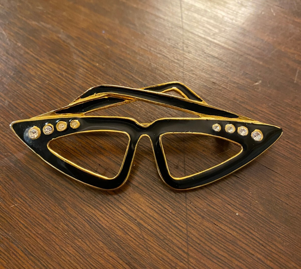 Vtg Brooch Cat Eye Glasses Black Enamel Rhinestone Pin Rockabilly Retro