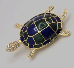 Vintage Turtle Brooch Pin Blue Green Enamel Gold Tone Clear Rhinestones
