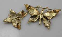Vintage 3 PC gold tone butterfly lot enamel faux pearl AAI pin brooches