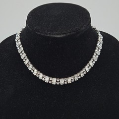 Vintage Weiss Rhinestone Emerald Cut Line Necklace Clear Silver Toned Choker