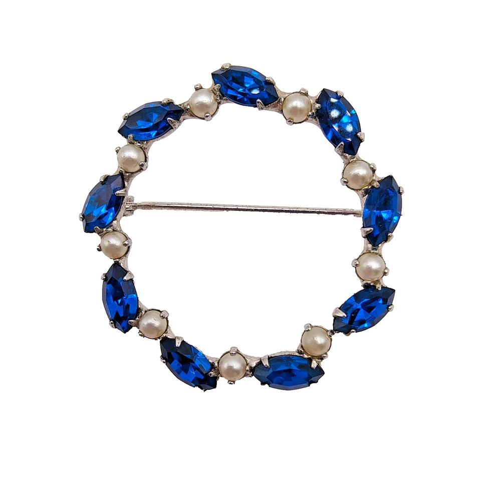 Vintage B. David Wreath Brooch Silver Tone Faux Pearl Blue Rhinestone Signed MCM