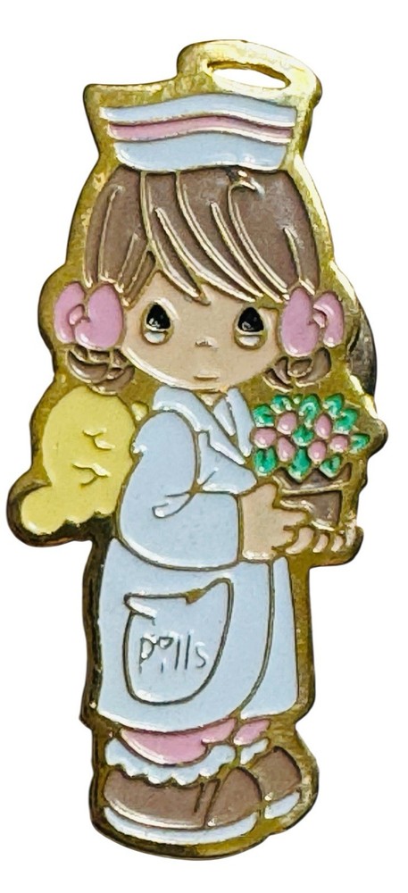 Vintage Signed Precious Moments Angel of Mercy Nurse Lanyard Lapel Pin Gold Tone