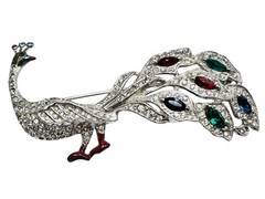 Vintage Art Deco Pave Rhinestone Peacock Brooch Rhodium Plated