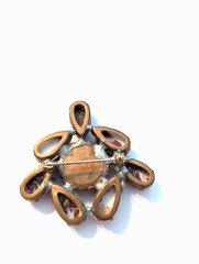 Vintage Czech Brooch with Reverse Painted Flower Center of Red Teardrop Cabs