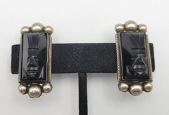 Vtg Mexico Silver Carved Onyx Tribal Mask Earrings Screw Back 1.25″