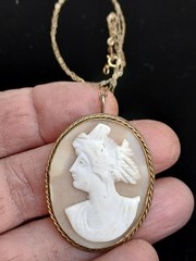 19th Century Carved Shell Portrait Cameo Pendant Necklace Gold Filled Chain Oval