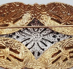 VTG Art Deco Style Brooch 2.5in Two Tone Filigree Domed Openwork Heavy 3D Estate