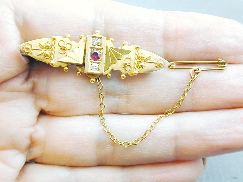SPECTACULAR 15k Georgian Ruby & Diamond Pin Brooch Ornate Hallmarked
