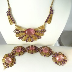 Antique Czech Amethyst Rose Glass Art Nouveau Art Deco GP Necklace Bracelet SET