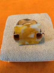 Cool Contemporary Square Shaped Acrylic Yellow Marbled Goldtone Ring Size 5.25