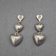 Vintage Silvertone Triple Puffed Heart Dangle Post Earrings 2″ Y2K Statement