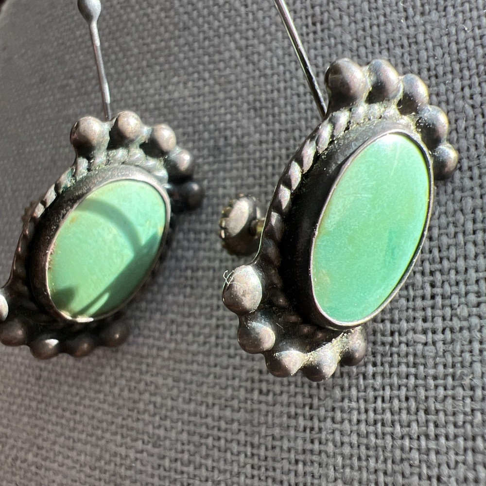 Vintage Turquoise & Silver Metal Earrings; Beautiful Shade of Turquoise / Green