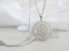 Vintage Style Sterling Silver 925 Baguette Starburst CZ Large Pendant Necklace