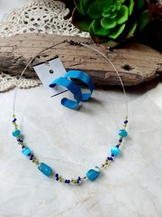 Vintage Blue Glass Bead Cat’s Eye Wire Choker Blue Enamel Hoop Earrings