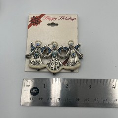 Vintage Silver Tone Three Angels Brooch Pin Hope Love Dream Blue Crystal Enamel