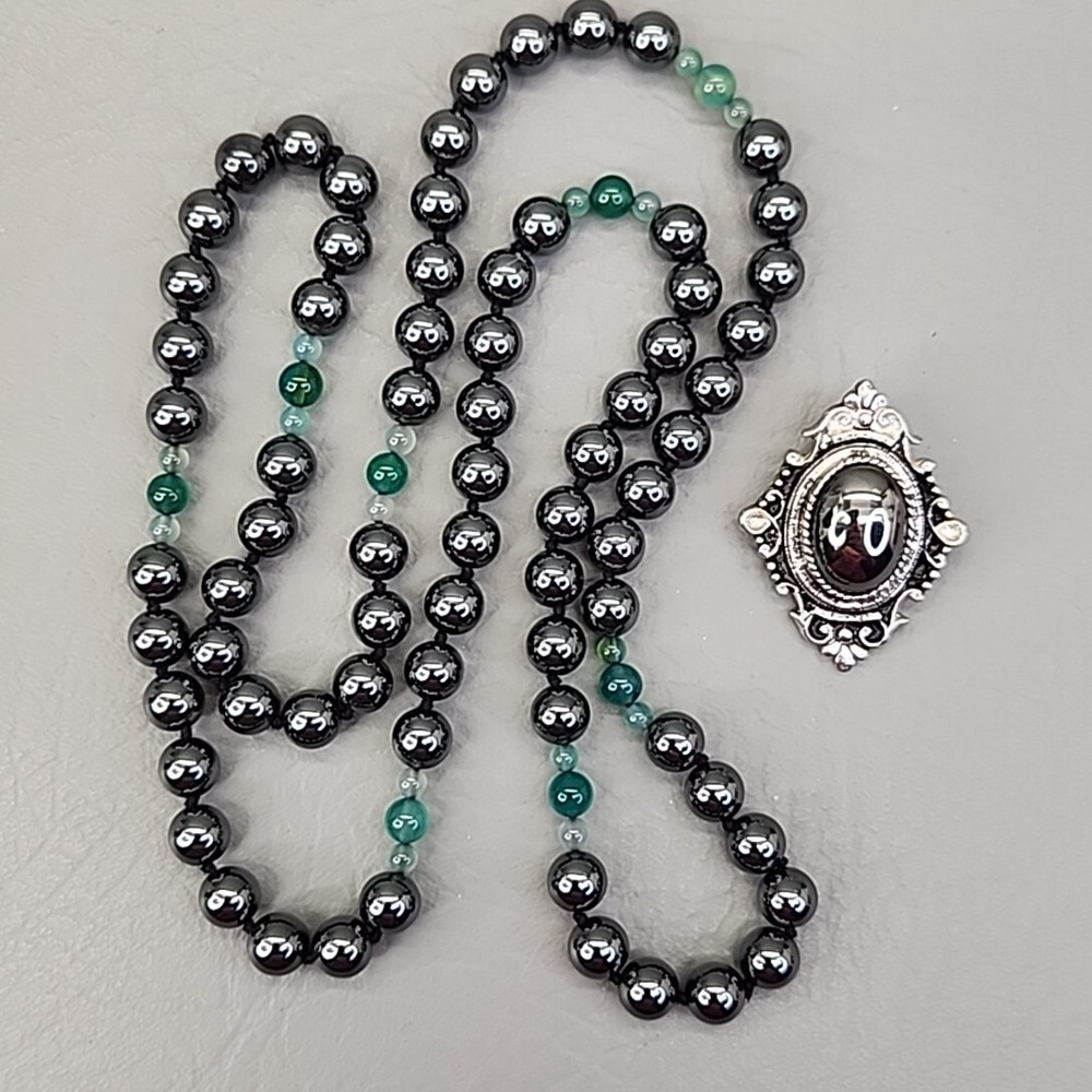 Beaded Necklace Sarah Coventry Brooch Lot of 2 Hematite 30 in