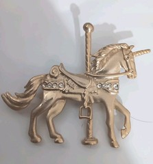 Vintage 80s Carousel Horse Unicorn Pin Brooch Rhinestone Brushed Gold 3”x2.5”