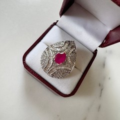 Vintage Pear Shape Ruby Cubic Zirconia Statement Ring Size 8 Glam Sparkly Party