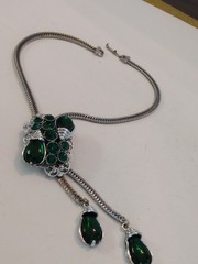 Selro Lariat Necklace Emerald Green Lucite Pendants Czech Glass Rhinestone 1960s