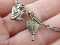 Vintage Unmarked Sterling Silver Paperclip Chain Bracelet with 5 Charms 6.75 In