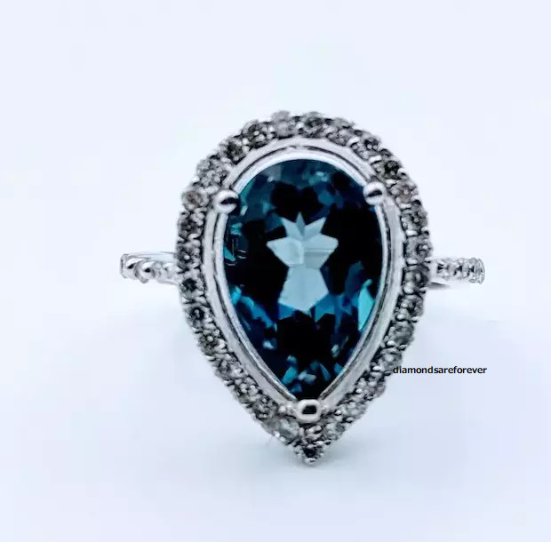 Large London Blue Pear Shape 4.00CT Topaz With Round Clear CZ Engagement Ring
