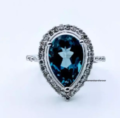 Large London Blue Pear Shape 4.00CT Topaz With Round Clear CZ Engagement Ring