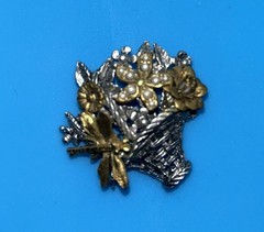 Gold Tone Pewter Dragonfly Faux Pearl Brooch Floral Basket Nature Vintage Garden