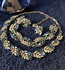 Lisner 3 Piece Demi Parure Set Dark Blue & Borealis Crystals On Silver Tone Vine