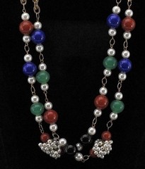 Vintage GEOFFREY BEENE Kramer Long Gold Tone Chain w Red Blue Green Pearl Beads