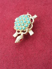 Vintage Turtle Gold Toned Brooch With Faux Turquoise Beads Red Rhinestone Eyes