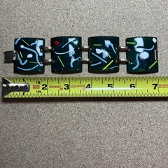 Vintage MCM Bracelet Enamel on Copper 1.75″ Wide 4 Panel Modern Green Artisan