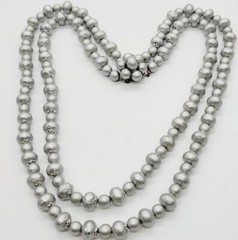 Layered Necklace Matte Silver tone Beaded 2 Row Flower Clasp Vintage 22 in