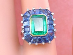 ESTATE ART DECO 2.30 ct EMERALD 4 ctw SAPPHIRE DIAMOND PLATINUM COCKTAIL RING