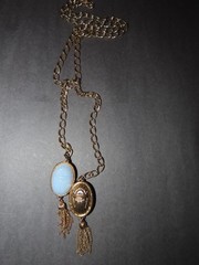40″ EGYPTIAN REVIVAL CHAIN BELT OR NECKLACE GOLD TONE SKY BLUE VINTAGE